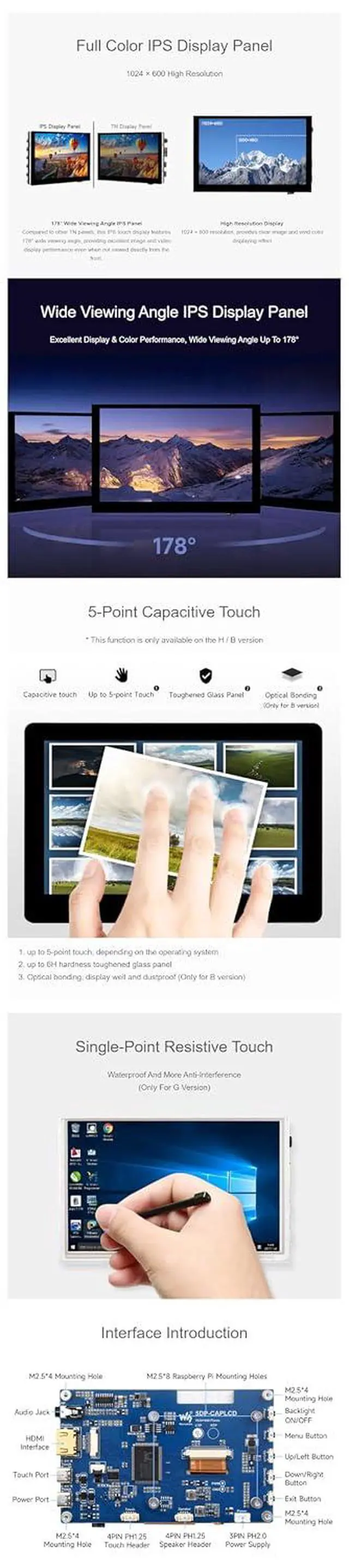 Alt view image 5 of 7 - 5 Inch HDMI Touchscreen for Raspberry Pi/Jetson Nano/PC High-Brightness Display 1024x600 Pixels Toughened Glass Panel IPS Panel Monitor Wide-Bezel Capacitive Touch-5DP-CAPLCD-G