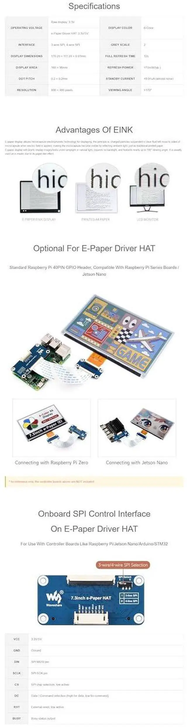 Alt view image 7 of 7 - 7.3 Inch 6 Color E-Paper Display Module E-Ink Display Panel for Raspberry Pi/Jetson Nano/Arduino/STM32 800×480 Pixels SPI Communication