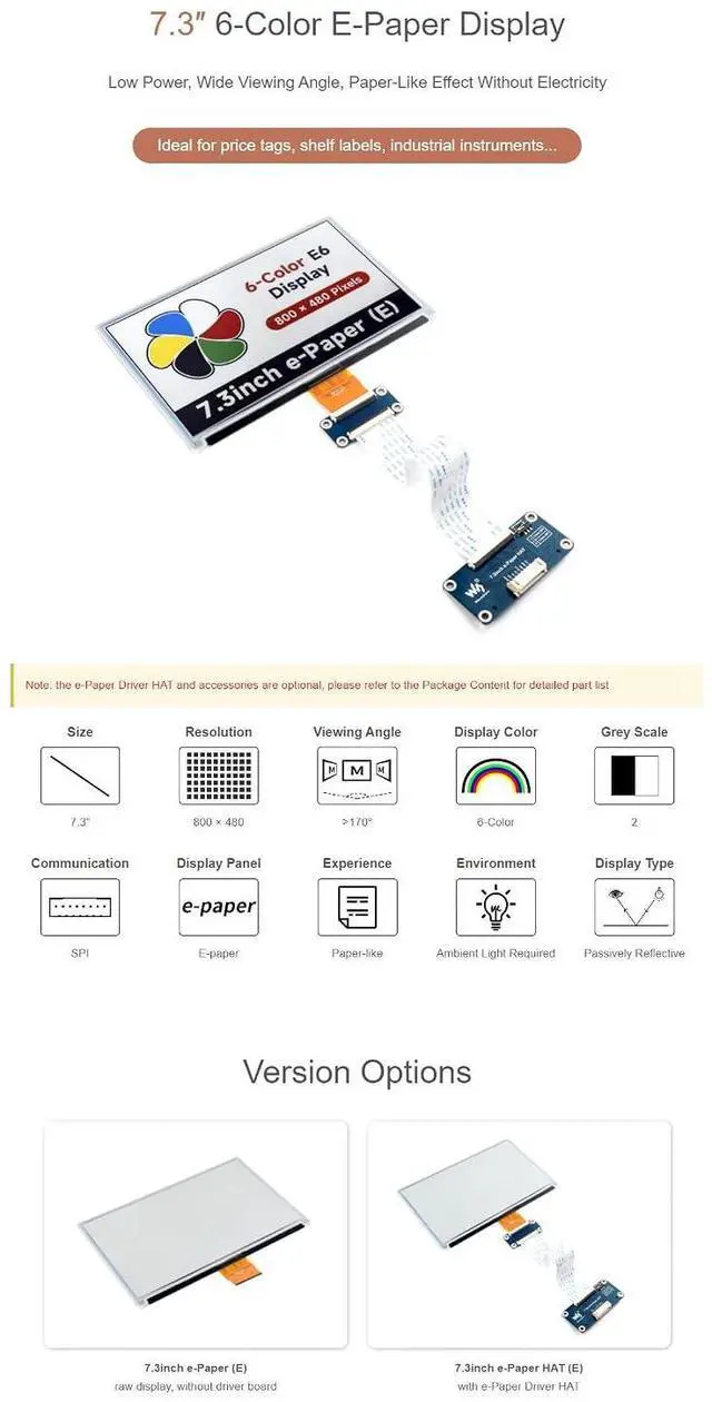 Alt view image 6 of 7 - 7.3 Inch 6 Color E-Paper Display Module E-Ink Display Panel for Raspberry Pi/Jetson Nano/Arduino/STM32 800×480 Pixels SPI Communication