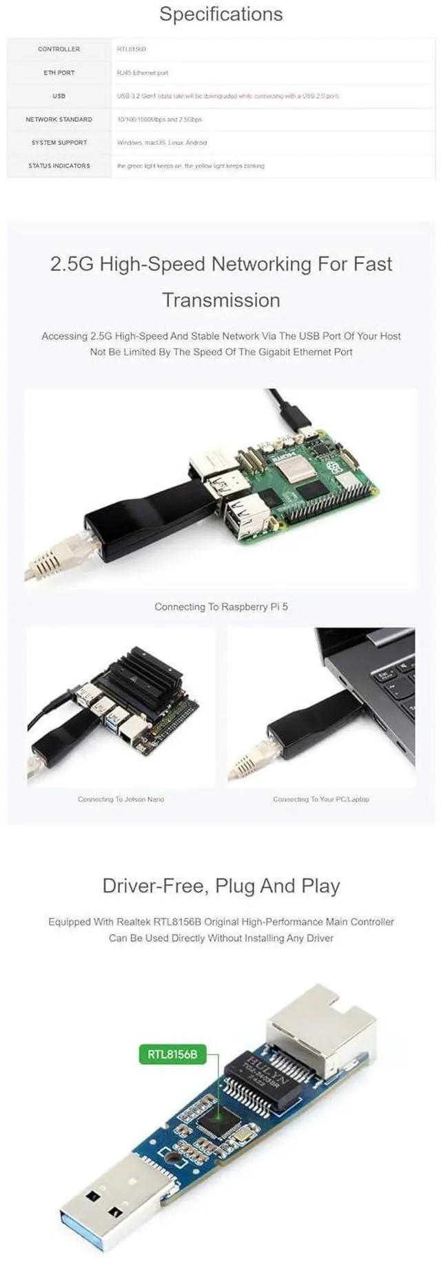 Alt view image 5 of 6 - USB to 2.5G Ethernet Port Converter Fits Raspberry Pi 5/Jetson Nano/PC No Need Driver, Windows/MacOS/Linux/Android Multi-System Support, 2.5G USB ETH Adapter