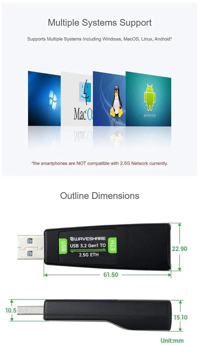 Alt view image 6 of 6 - USB to 2.5G Ethernet Port Converter Fits Raspberry Pi 5/Jetson Nano/PC No Need Driver, Windows/MacOS/Linux/Android Multi-System Support, 2.5G USB ETH Adapter