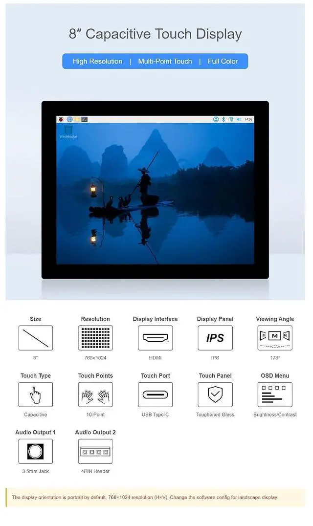 Alt view image 4 of 7 - 8 Inch Capacitive Touch Display for Raspberry Pi 5/Jetson Nano 768×1024 Toughened Glass Panel 8 Inch Monitor HDMI Interface 10-Point Touch IPS Panel