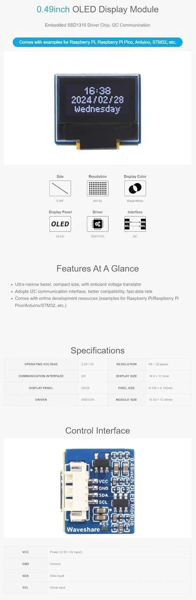 Alt view image 4 of 5 - 0.49 Inch OLED Display Module for Raspberry Pi 5B 4B+ 4B 3B+ 3B 2B+ Zero W WH 2 W for Arduino STM32 64×32 I2C Communication Black/White Display Color