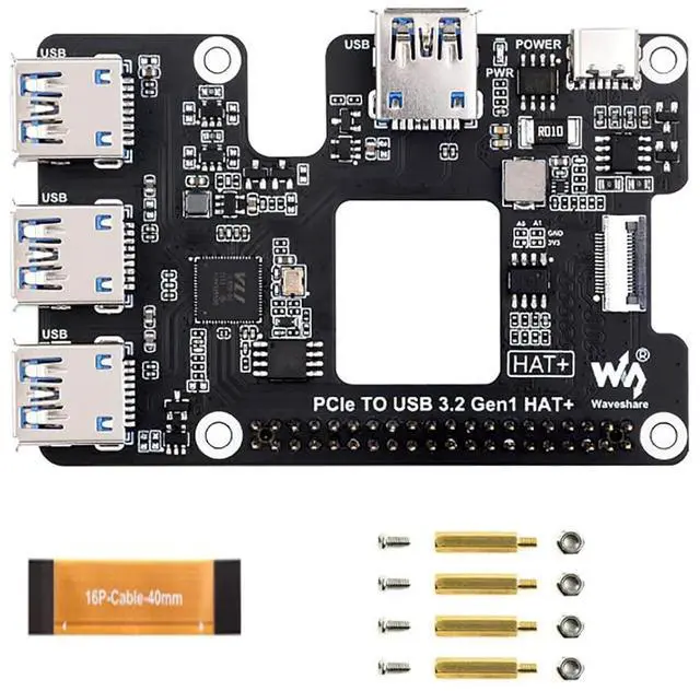 Main image of for Raspberry Pi 5 PCIe to USB 3.2 Gen1 HAT PCIe to USB HUB Module with 4X High Speed USB Ports Driver-Free Reserved Cooling Fan Hole