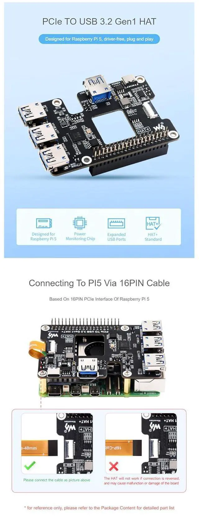 Alt view image 4 of 6 - for Raspberry Pi 5 PCIe to USB 3.2 Gen1 HAT PCIe to USB HUB Module with 4X High Speed USB Ports Driver-Free Reserved Cooling Fan Hole