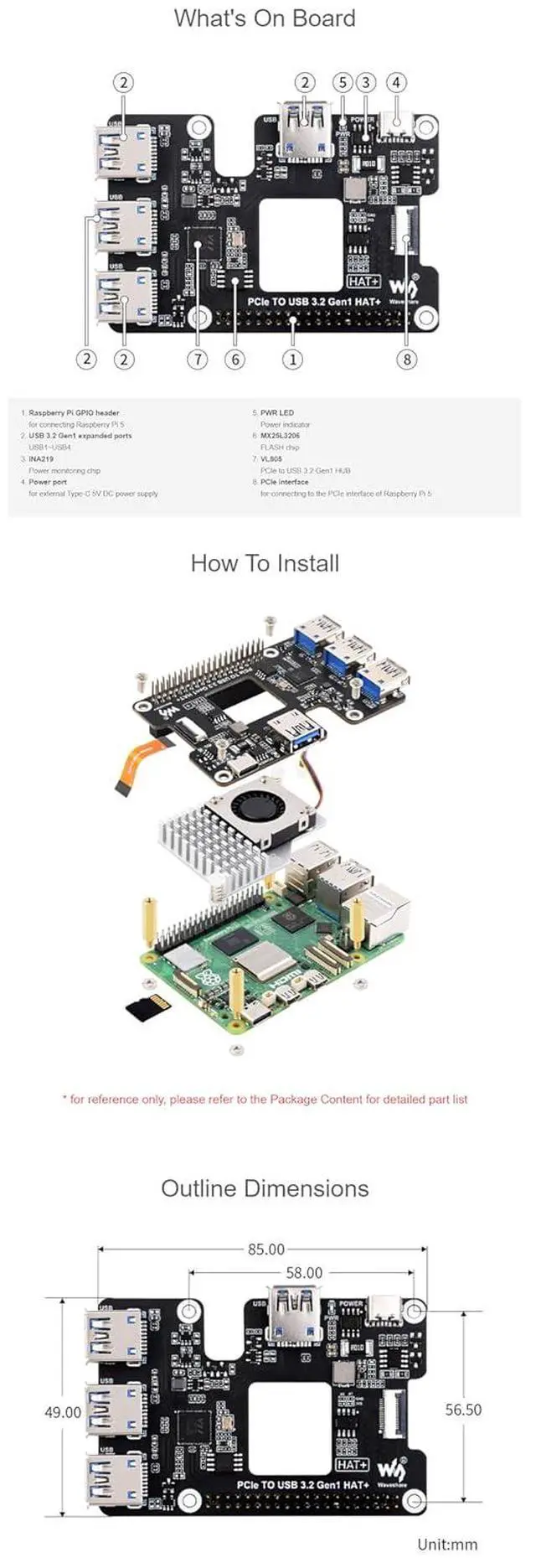 Alt view image 6 of 6 - for Raspberry Pi 5 PCIe to USB 3.2 Gen1 HAT PCIe to USB HUB Module with 4X High Speed USB Ports Driver-Free Reserved Cooling Fan Hole
