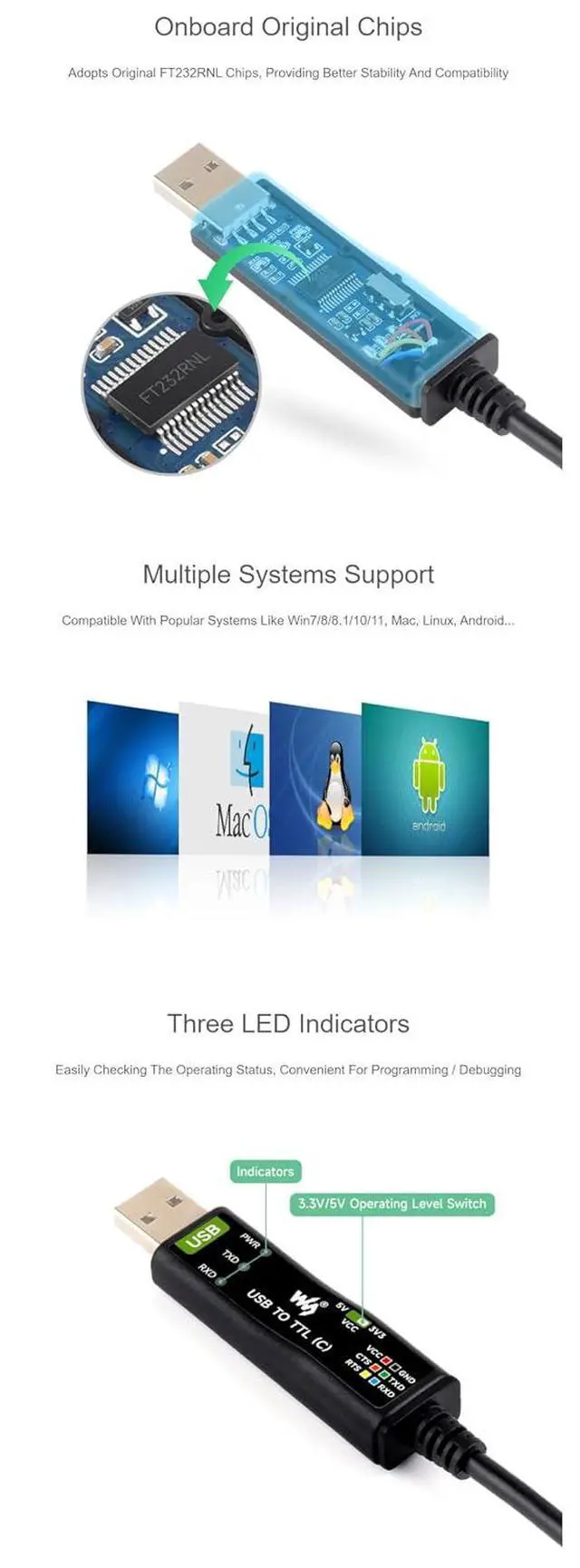 Alt view image 6 of 7 - Industrial USB to TTL (C) 6pin Serial Cable Onboard Original FT232RNL with Hardware Flow Control Support Win7/8/8.1/10/11, Mac, Linux, Android...