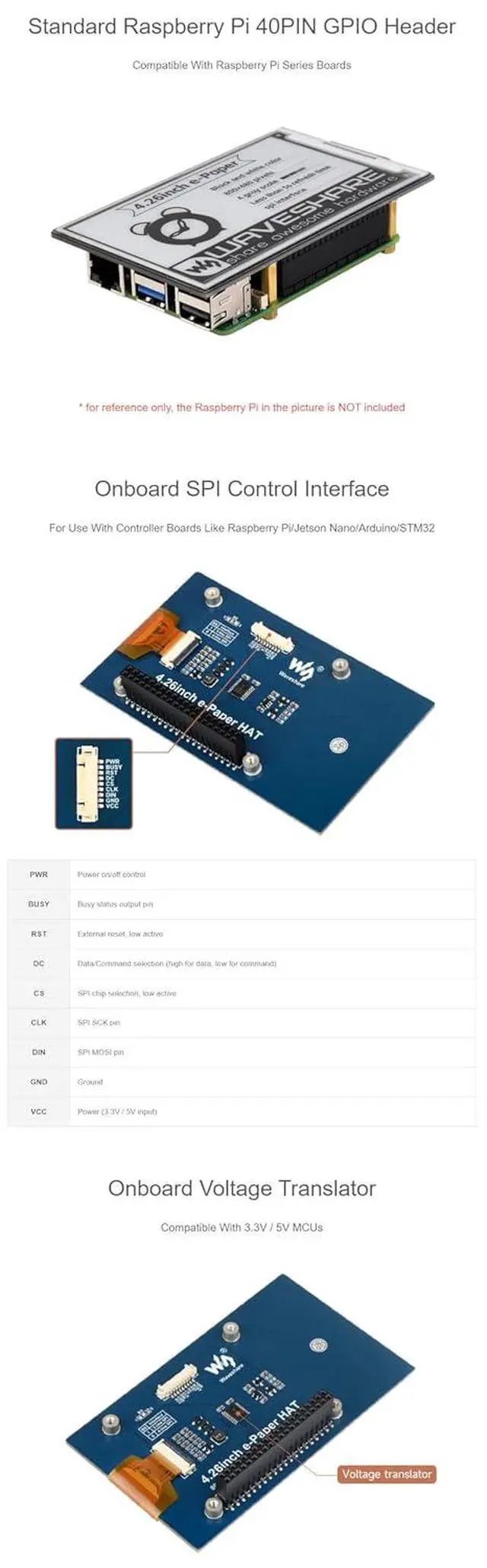 Alt view image 5 of 6 - 4.26 Inch E-Paper Display HAT for Raspberry Pi/Jetson Nano/Arduino/STM32 800x480 Resolution SPI Interface Black/White