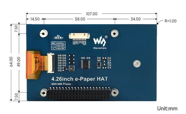 Alt view image 6 of 6 - 4.26 Inch E-Paper Display HAT for Raspberry Pi/Jetson Nano/Arduino/STM32 800x480 Resolution SPI Interface Black/White