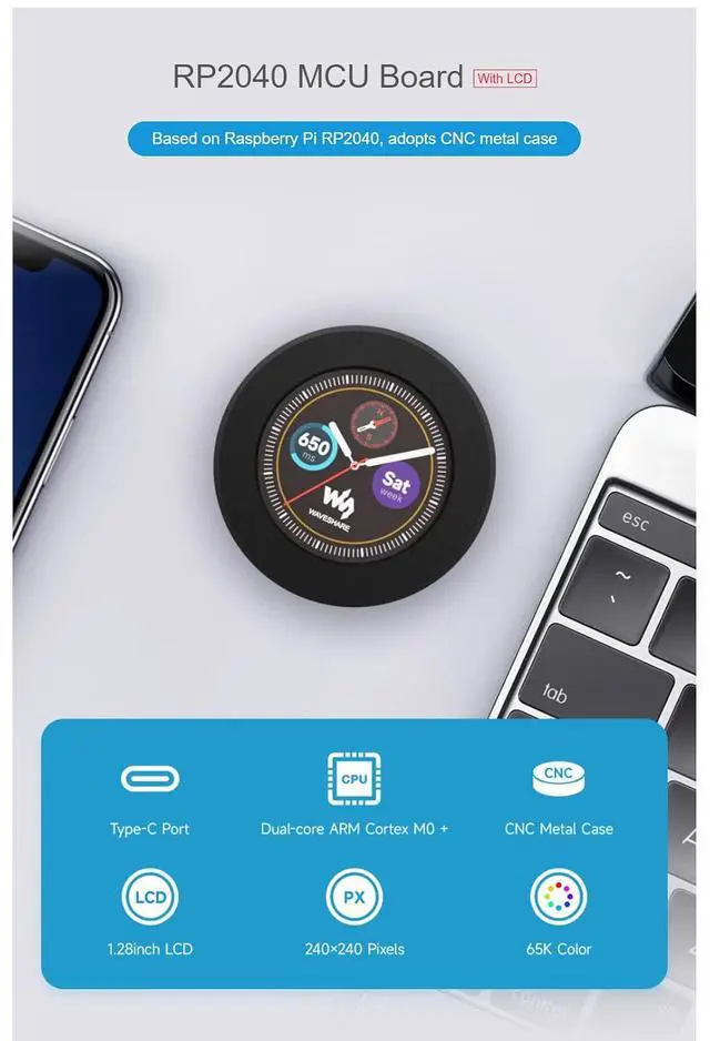 Alt view image 5 of 7 - RP2040 MCU Board Onboard 1.28 Inch Round LCD with Accelerometer and Gyroscope Sensor Adopts CNC Metal Case 30 GPIO Pins