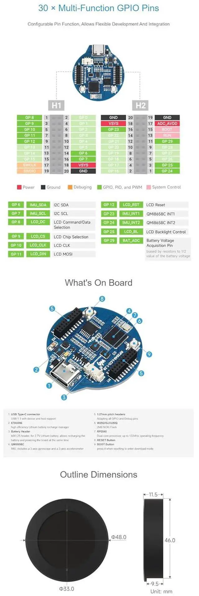 Alt view image 7 of 7 - RP2040 MCU Board Onboard 1.28 Inch Round LCD with Accelerometer and Gyroscope Sensor Adopts CNC Metal Case 30 GPIO Pins