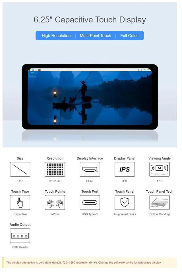 Alt view image 3 of 7 - 6.25inch Capacitive Touch Display for Raspberry Pi Jetson Nano 720×1560 HDMI Interface IPS Panel 5-Point Touch 178° Viewing Angle Supports Windows 11/10 / 8.1/8 / 7