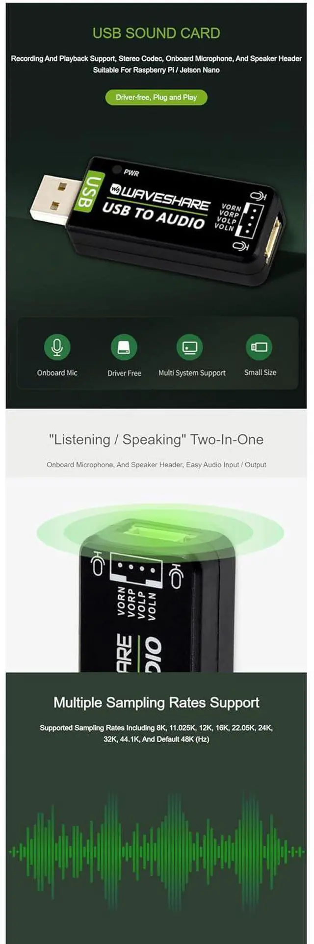 Alt view image 5 of 6 - USB Sound Card USB Audio Module Onboard Microphone for Raspberry Pi/Jetson Nano Driver-Free Plug and Play External Audio Converter