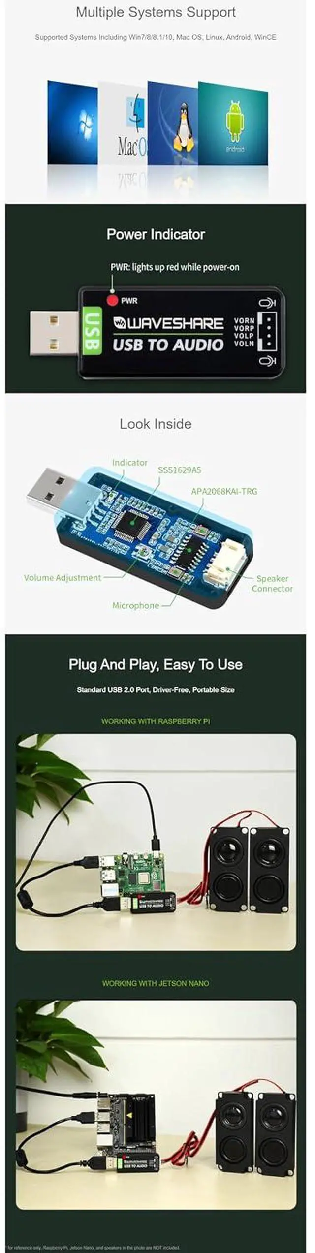 Alt view image 6 of 6 - USB Sound Card USB Audio Module Onboard Microphone for Raspberry Pi/Jetson Nano Driver-Free Plug and Play External Audio Converter