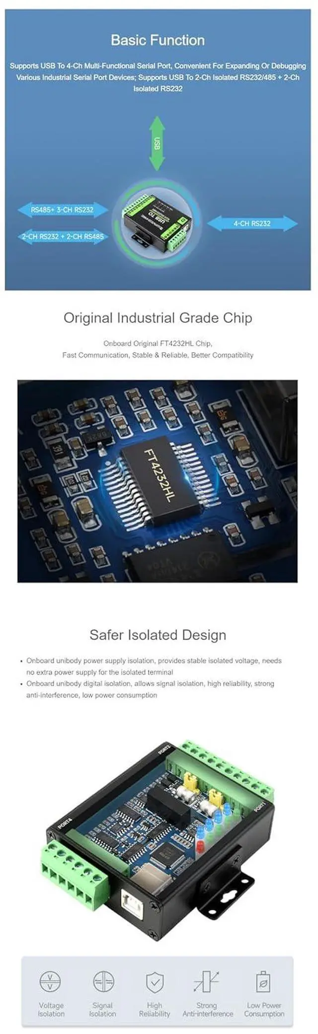 Alt view image 5 of 7 - Industrial Isolated USB to RS232/485 Converter Original FT4232HL Supports USB to USB to 4-Ch RS232, USB to 2-Ch RS232, USB to 2-Ch RS232/485