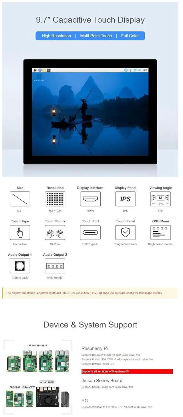 Alt view image 4 of 7 - 9.7inch Capacitive Touch Display for Raspberry Pi 5 4B+ 4B 3B+ 3B 2B+ Zero W WH Jetson Nano 768×1024 HDMI Interface IPS Panel 178° Wide Viewing Angle