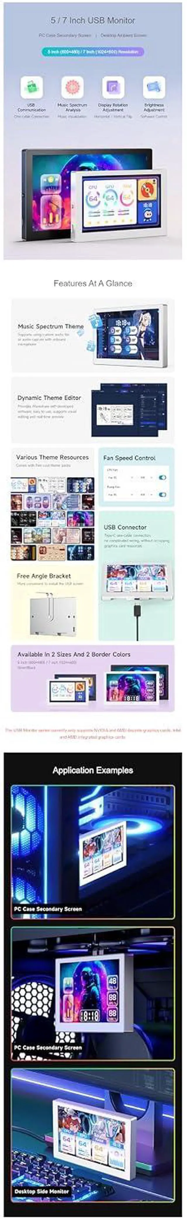 Alt view image 4 of 7 - 5 Inch USB Monitor Desktop Ambient Screen IPS Panel PC Case Secondary Screen 800×480 Type-C Interface with Music Spectrum Analysis Function (Silver)
