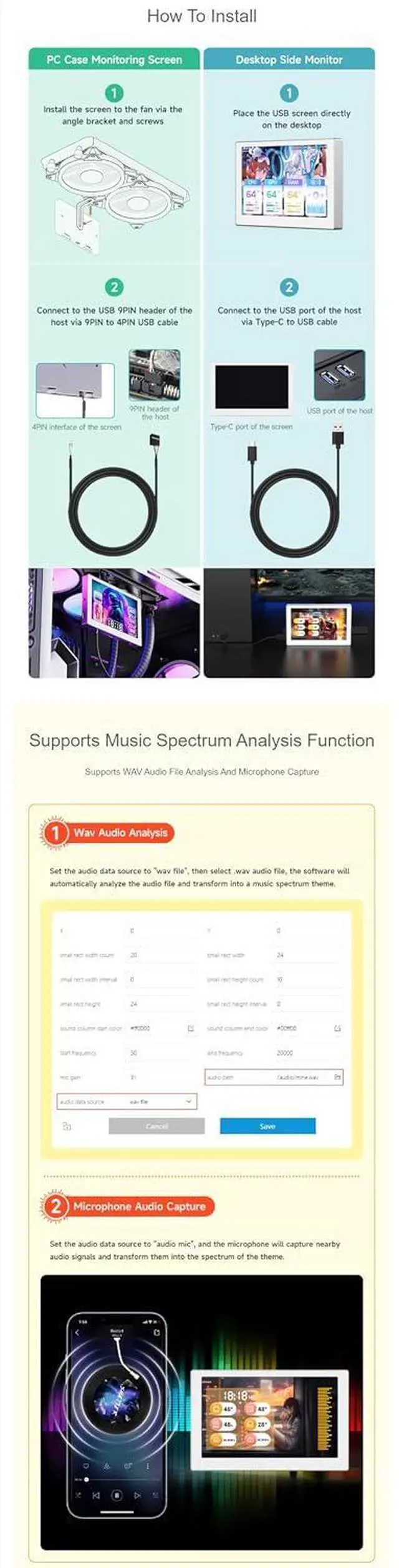 Alt view image 5 of 7 - 5 Inch USB Monitor Desktop Ambient Screen IPS Panel PC Case Secondary Screen 800×480 Type-C Interface with Music Spectrum Analysis Function (Silver)