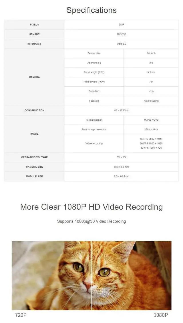 Alt view image 4 of 5 - OV5693 5MP USB Camera (B) for Raspberry Pi 5 & Jetson Nano Fixed-Focus Auto Focusing Supports 1080p@30 Video Recording