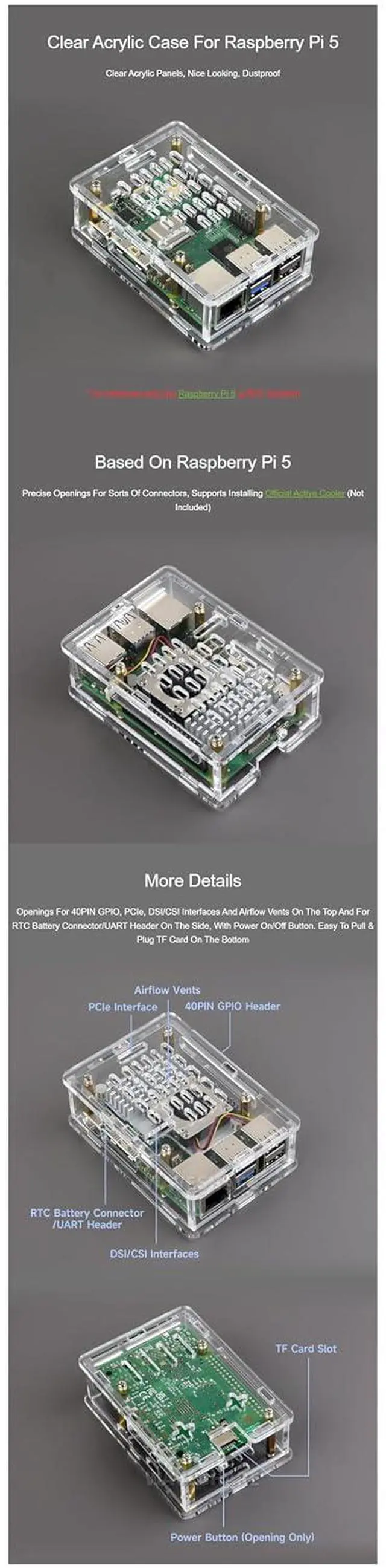 Alt view image 4 of 7 - for Raspberry Pi 5 Clear Acrylic Case Transparent Case Supports Installing with Official Active Cooler