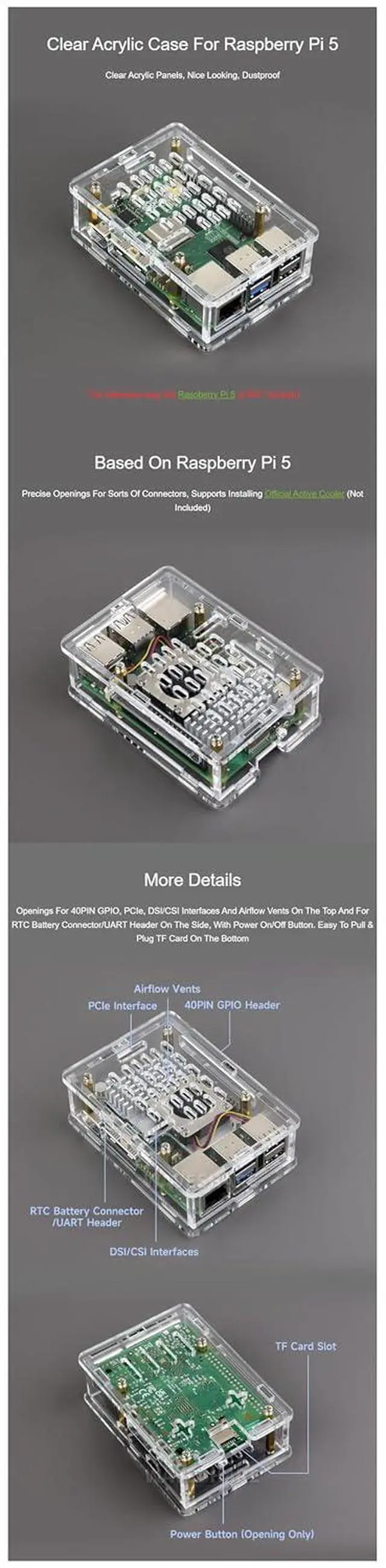 Alt view image 5 of 7 - for Raspberry Pi 5 Clear Acrylic Case Transparent Case Supports Installing with Official Active Cooler