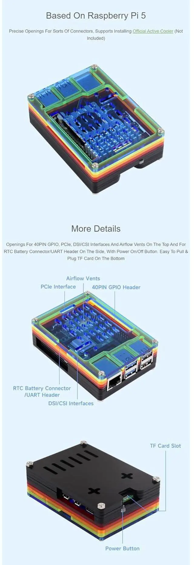 Alt view image 4 of 5 - Rainbow Acrylic Case for Raspberry Pi 5 Supports Installing with Official Active Cooler Colorful Translucent Acrylic Case