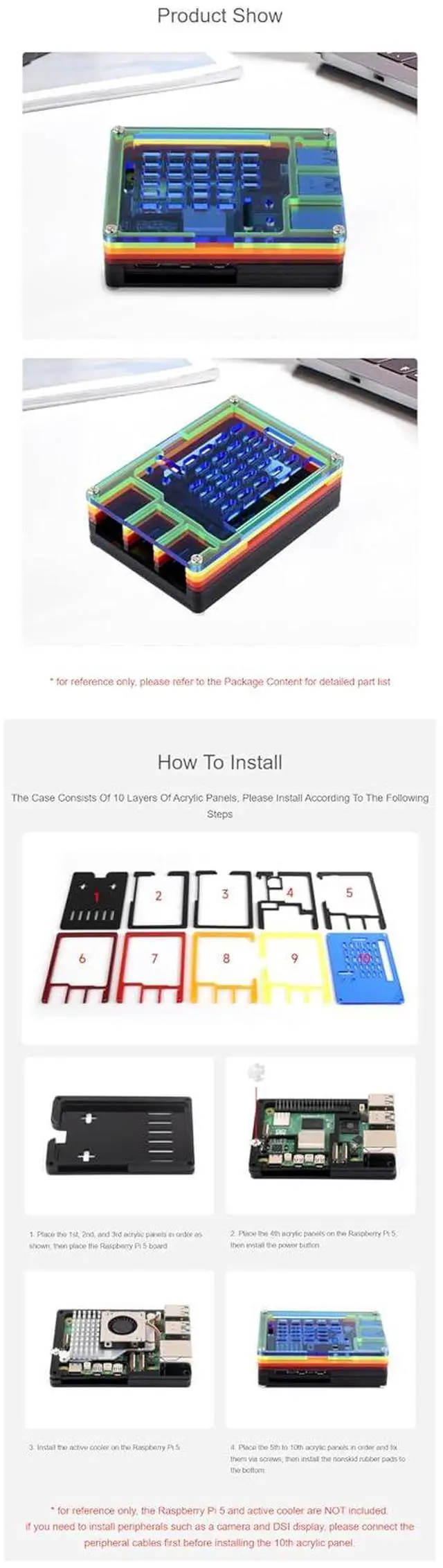 Alt view image 5 of 5 - Rainbow Acrylic Case for Raspberry Pi 5 Supports Installing with Official Active Cooler Colorful Translucent Acrylic Case