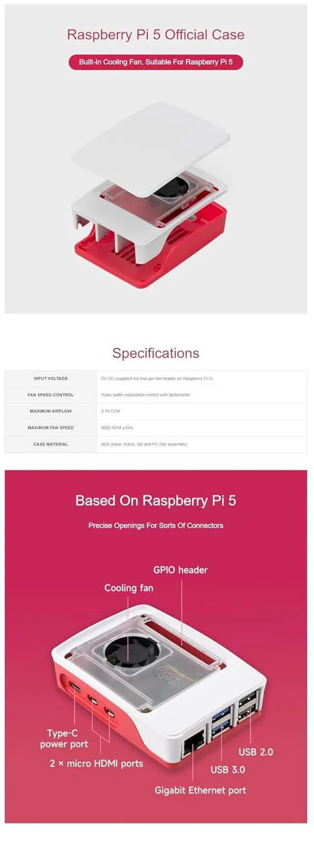 Alt view image 5 of 6 - Official for Raspberry Pi Case Fits Raspberry Pi 5 with Built-in Cooling Fan Red/White Color Precise Openings for Connecting