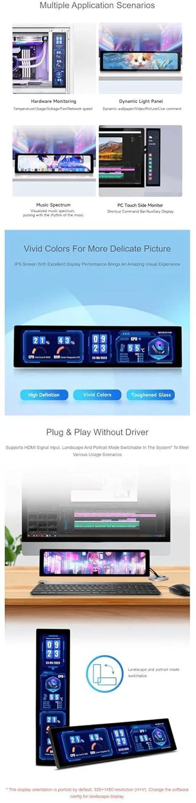Alt view image 5 of 7 - 11.9 Inch IPS Display 320×1480 Toughened Glass Panel PC Side Monitor for Raspberry Pi/Jetson Nano/PC HDMI Interface Hi-Fi Speaker with Metal Case