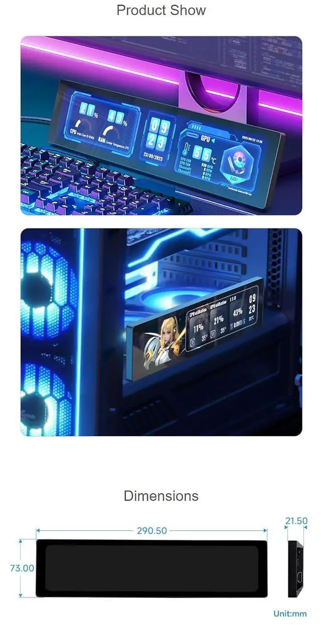 Alt view image 7 of 7 - 11.9 Inch IPS Display 320×1480 Toughened Glass Panel PC Side Monitor for Raspberry Pi/Jetson Nano/PC HDMI Interface Hi-Fi Speaker with Metal Case