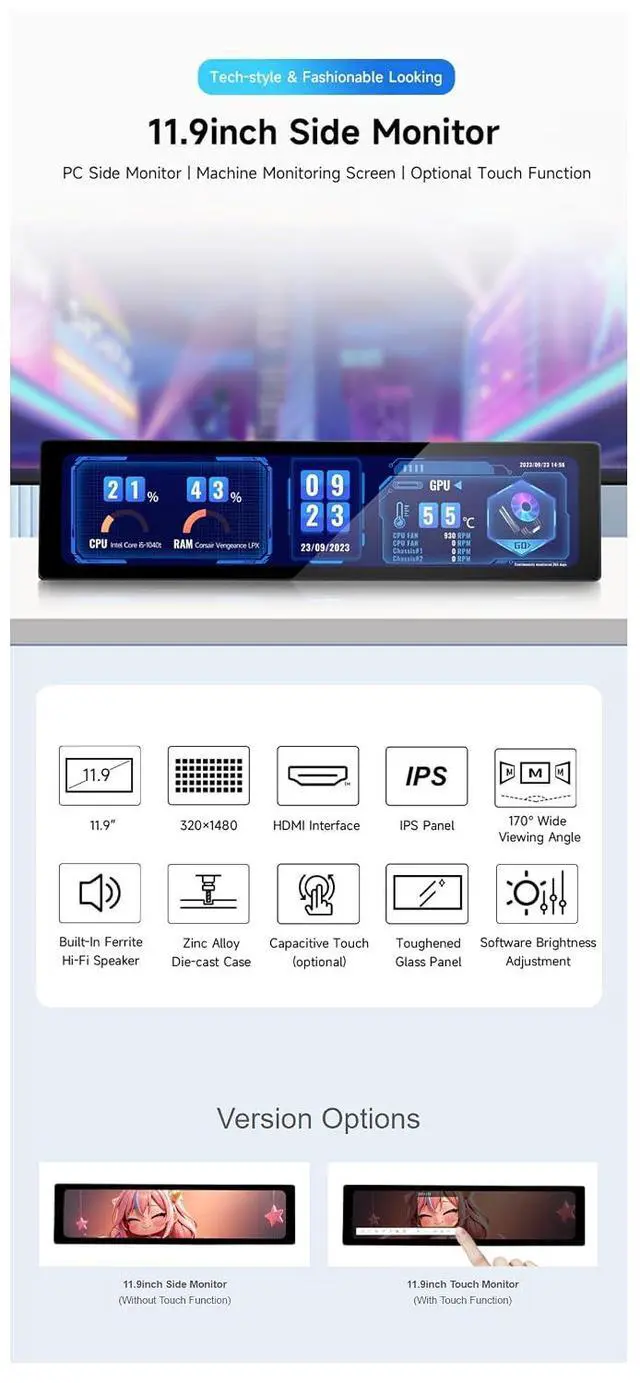 Alt view image 4 of 7 - 11.9 Inch IPS Display 320×1480 Toughened Glass Panel PC Side Monitor for Raspberry Pi/Jetson Nano/PC HDMI Interface Hi-Fi Speaker with Metal Case