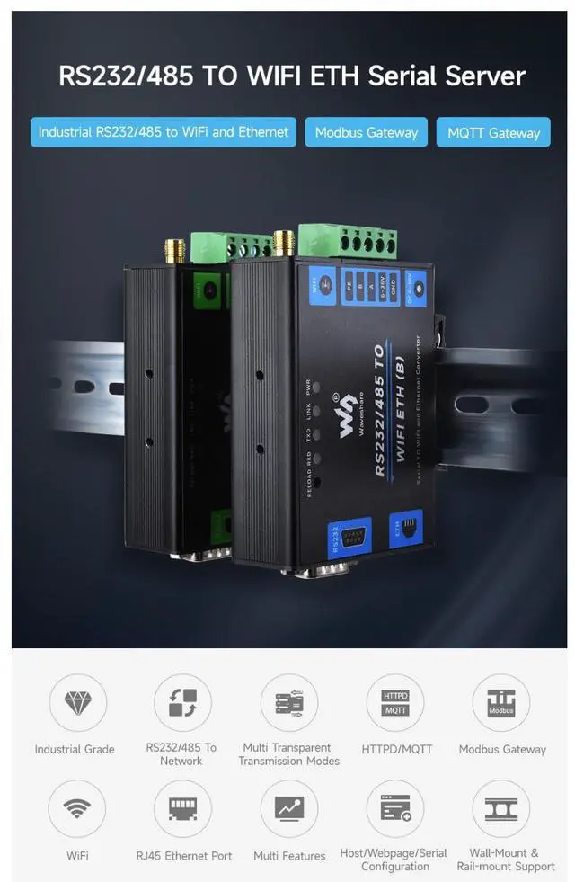 Alt view image 4 of 7 - Industrial Grade RS232/485 to WiFi POE Ethernet Serial Server 6t Modbus Gateway MQTT Gateway Metal Case