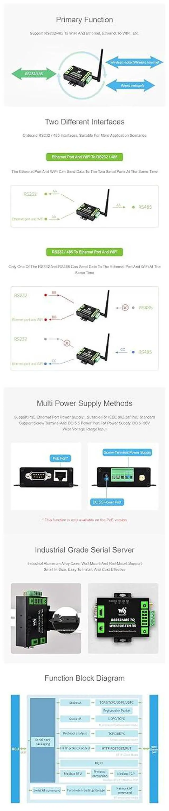 Alt view image 6 of 7 - Industrial Grade RS232/485 to WiFi POE Ethernet Serial Server 6t Modbus Gateway MQTT Gateway Metal Case
