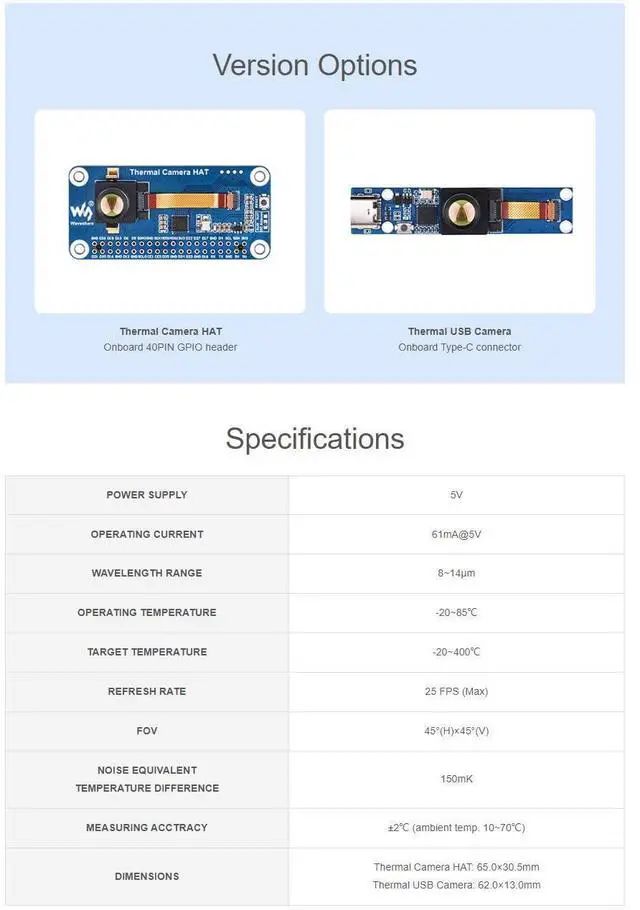 Alt view image 5 of 7 - Long-Wave IR Thermal Imaging Camera Module for Raspberry Pi 80×62 Pixels 45°FOV Type-C Port