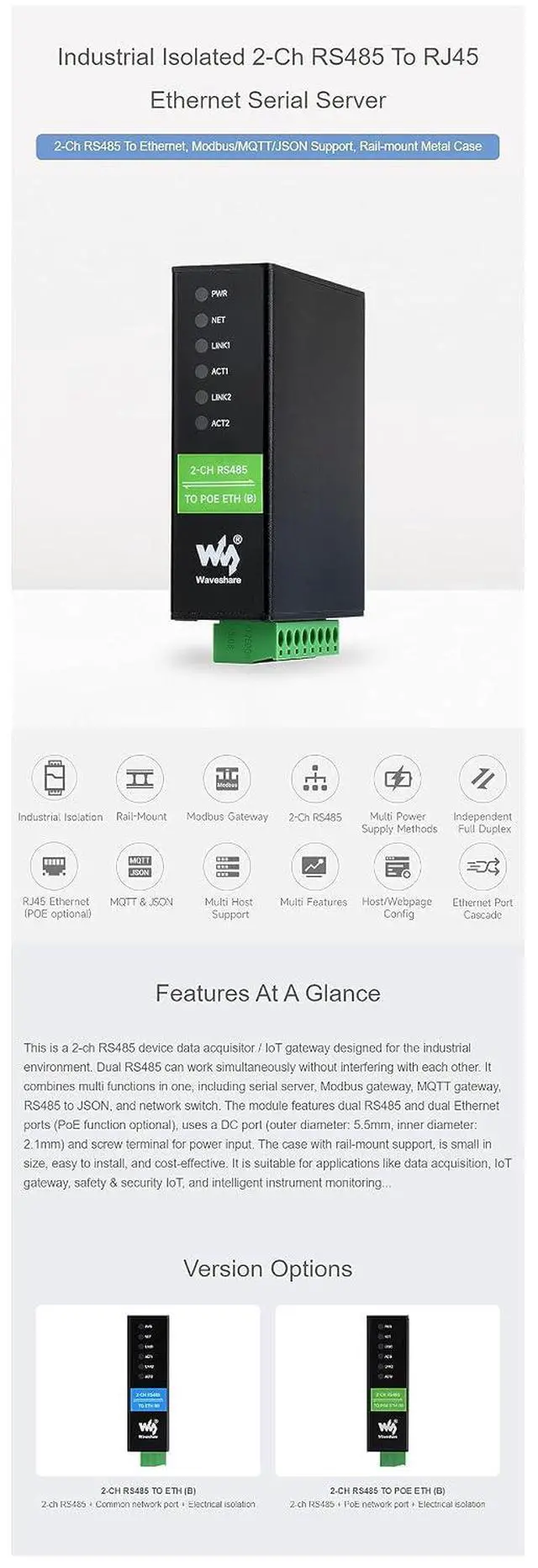 Alt view image 3 of 7 - Industrial Serial Module 2-Ch RS485 to RJ45 Ethernet Serial Server Dual ETH Ports POE Network Port Bi-Directional Transparent Transmission