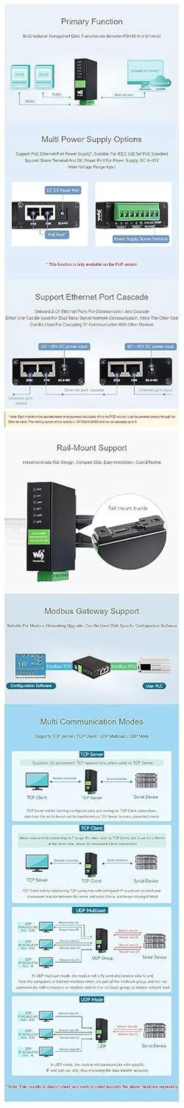 Alt view image 5 of 7 - Industrial Serial Module 2-Ch RS485 to RJ45 Ethernet Serial Server Dual ETH Ports POE Network Port Bi-Directional Transparent Transmission