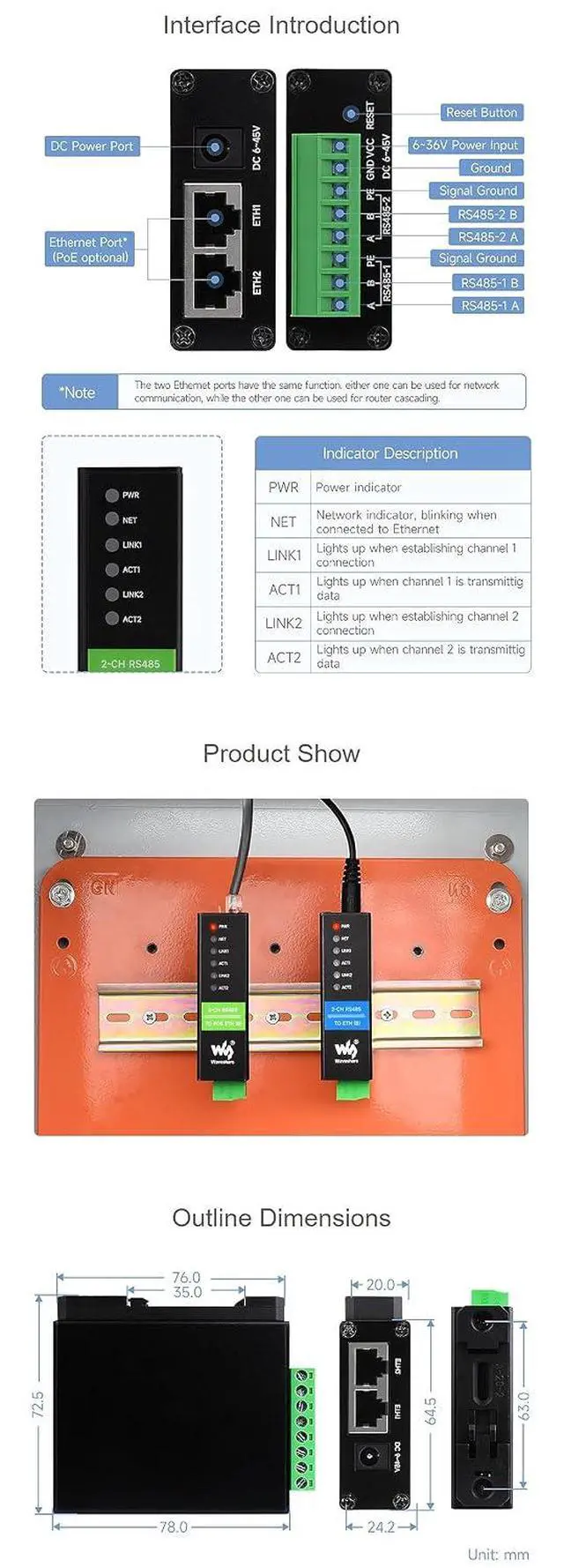 Alt view image 7 of 7 - Industrial Serial Module 2-Ch RS485 to RJ45 Ethernet Serial Server Dual ETH Ports POE Network Port Bi-Directional Transparent Transmission