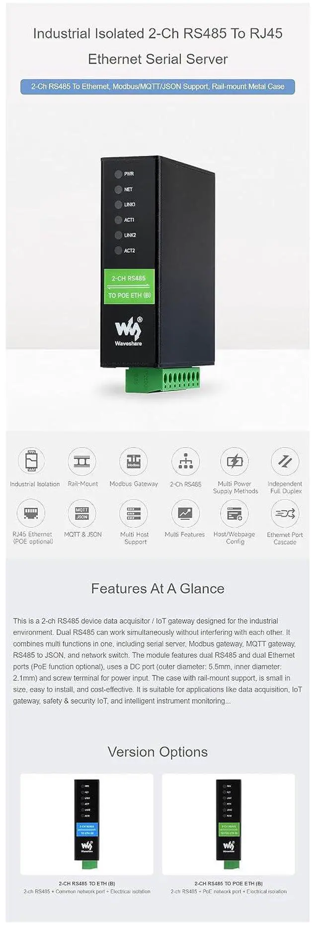 Alt view image 3 of 7 - Industrial 2-Ch RS485 to RJ45 Ethernet Serial Server Dual ETH Ports Dual Channels RS485 Independent Operation Bi-Directional Transparent Transmission