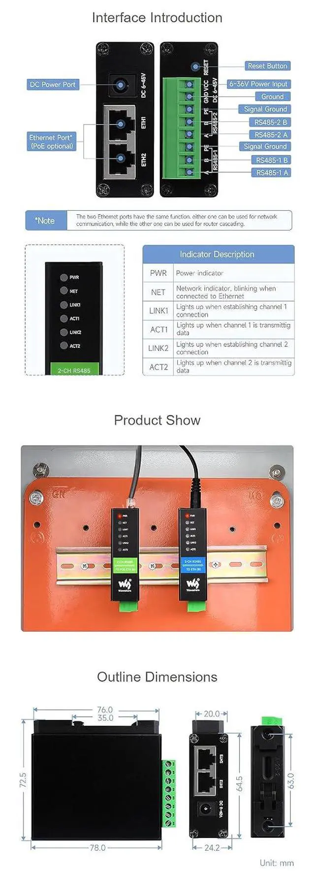 Alt view image 7 of 7 - Industrial 2-Ch RS485 to RJ45 Ethernet Serial Server Dual ETH Ports Dual Channels RS485 Independent Operation Bi-Directional Transparent Transmission