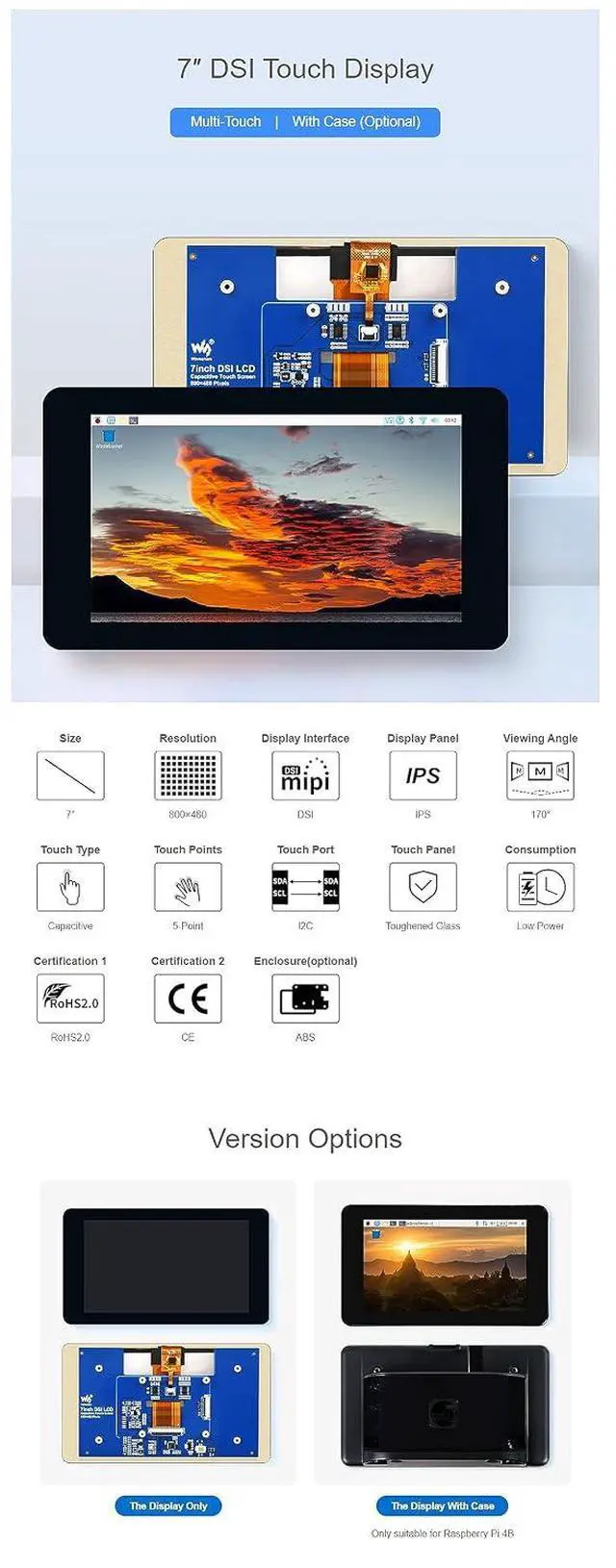 Alt view image 4 of 7 - 7 Inch DSI Touchscreen for Raspberry Pi, 800×480 IPS LCD Display, Capacitive 5-Point Touch, Adjustable Brightness, for Pi 5/4B/3B+/CM4, No Need Driver