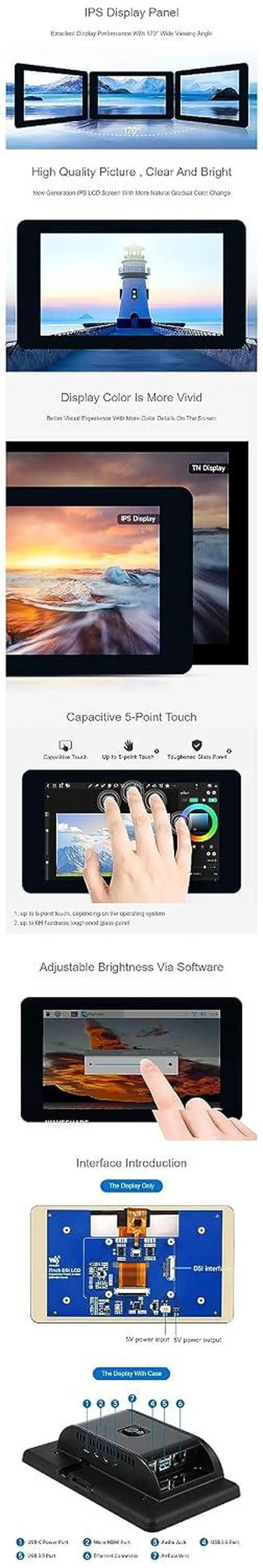 Alt view image 6 of 7 - 7 Inch DSI Touchscreen for Raspberry Pi, 800×480 IPS LCD Display, Capacitive 5-Point Touch, Adjustable Brightness, for Pi 5/4B/3B+/CM4, No Need Driver
