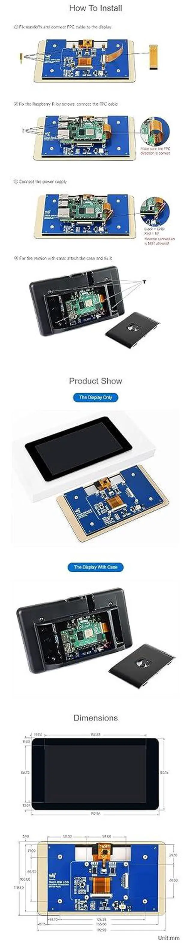 Alt view image 7 of 7 - 7 Inch DSI Touchscreen for Raspberry Pi, 800×480 IPS LCD Display, Capacitive 5-Point Touch, Adjustable Brightness, for Pi 5/4B/3B+/CM4, No Need Driver