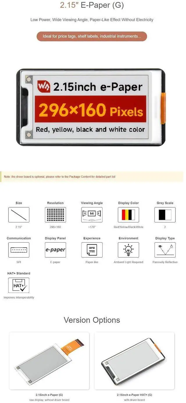 Alt view image 4 of 7 - 2.15 Inch e-Paper Display HAT+ (G), E-Ink Screen 296x160, Red/Yellow/Black/White, SPI Interface, Fits Raspberry Pi Boards/Jetson Nano/Arduino/STM32/RDK X3