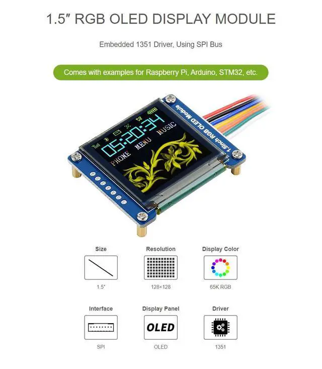 Alt view image 5 of 7 - 1.5 Inch RGB OLED Display Module for Raspberry Pi 4B+ 4B 3B+ 3B 2B+ Zero W WH 2W for Arduino STM32 65K RGB Colors 128×128 SPI Interface