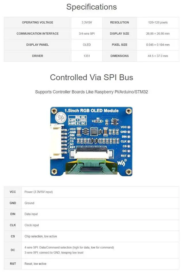 Alt view image 6 of 7 - 1.5 Inch RGB OLED Display Module for Raspberry Pi 4B+ 4B 3B+ 3B 2B+ Zero W WH 2W for Arduino STM32 65K RGB Colors 128×128 SPI Interface