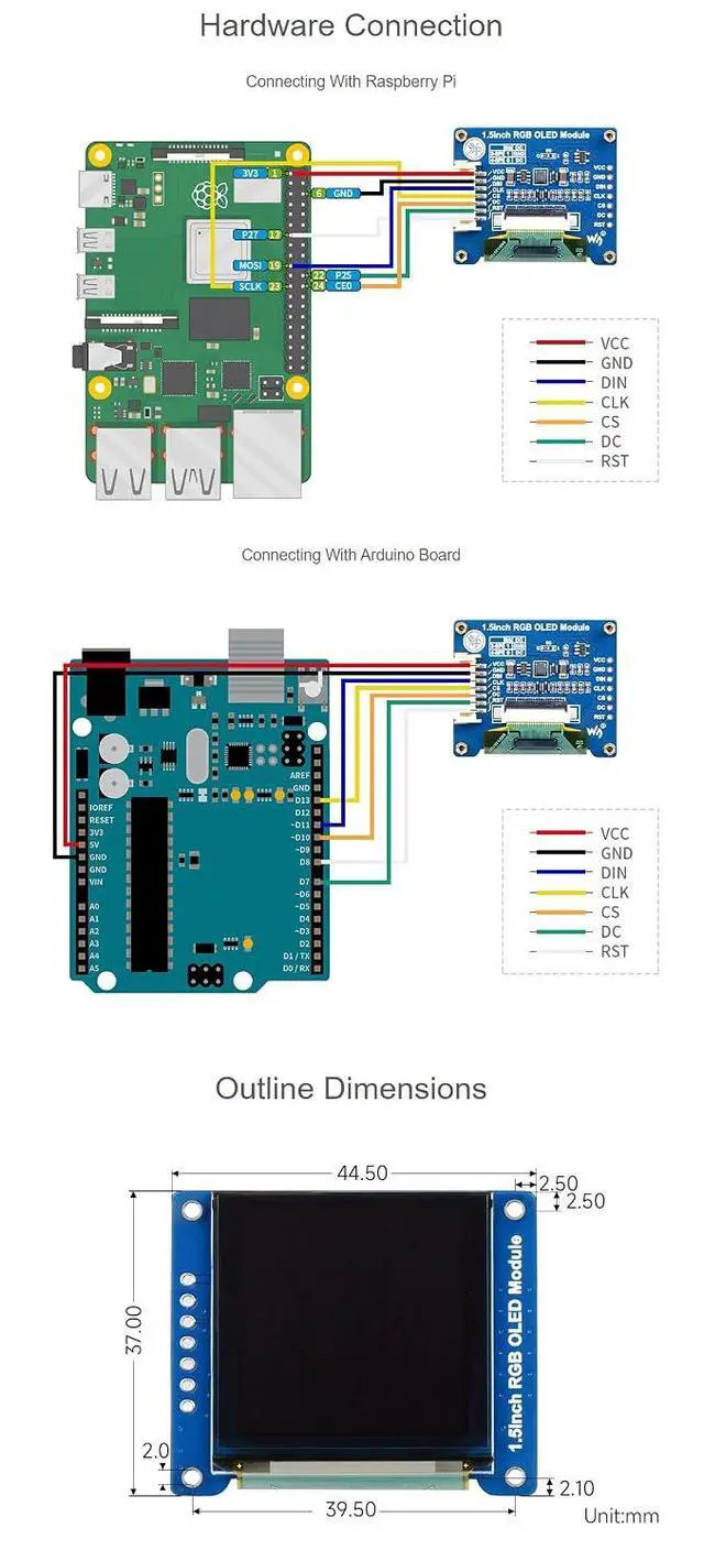 Alt view image 7 of 7 - 1.5 Inch RGB OLED Display Module for Raspberry Pi 4B+ 4B 3B+ 3B 2B+ Zero W WH 2W for Arduino STM32 65K RGB Colors 128×128 SPI Interface