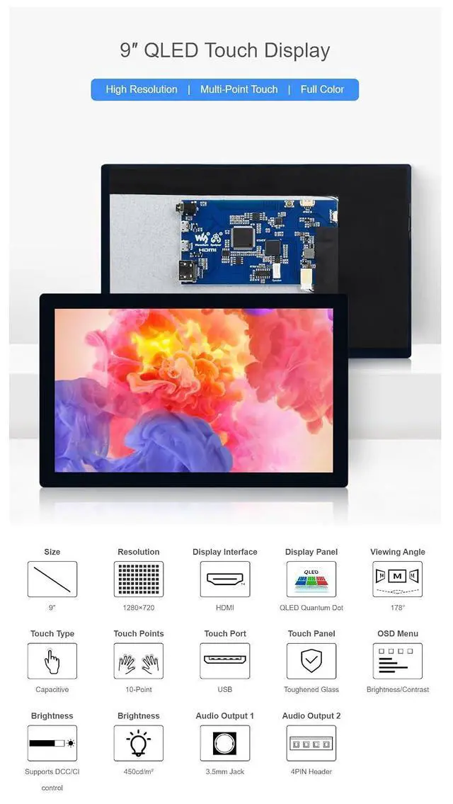 Alt view image 3 of 7 - 9 Inch QLED Quantum Dot Display for Raspberry Pi/Jetson Nano/Core3566/PC 1280×720 HDMI Interface 178° Wide Viewing Angle Wide Color Gamut