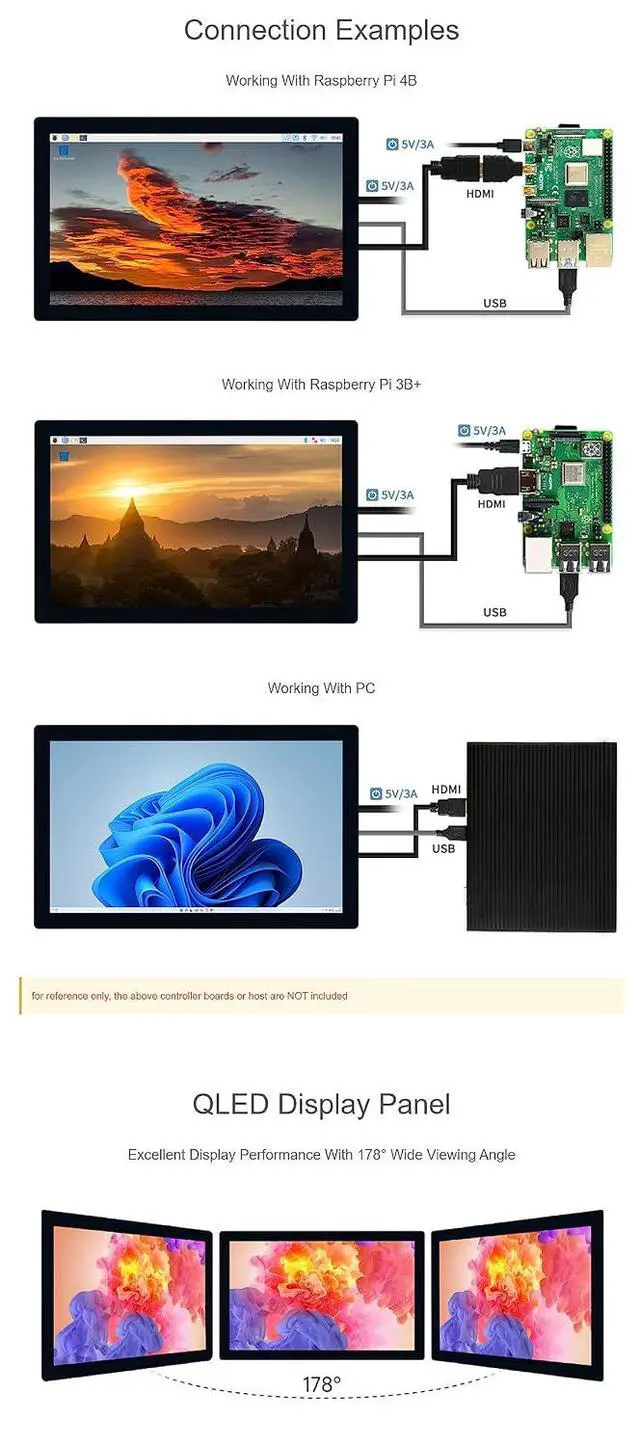 Alt view image 4 of 7 - 9 Inch QLED Quantum Dot Display for Raspberry Pi/Jetson Nano/Core3566/PC 1280×720 HDMI Interface 178° Wide Viewing Angle Wide Color Gamut