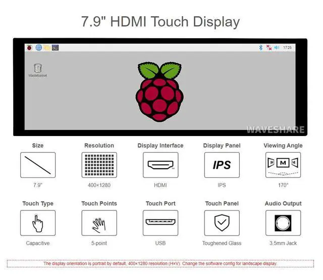 Alt view image 5 of 7 - 7.9 Inch HDMI Touchscreen Display, 400×1280 IPS Capacitive LCD, 5-Point Touch, Toughened Glass, for Raspberry Pi, Jetson Nano, Windows 11/10/8/7, Driver-Free Monitor