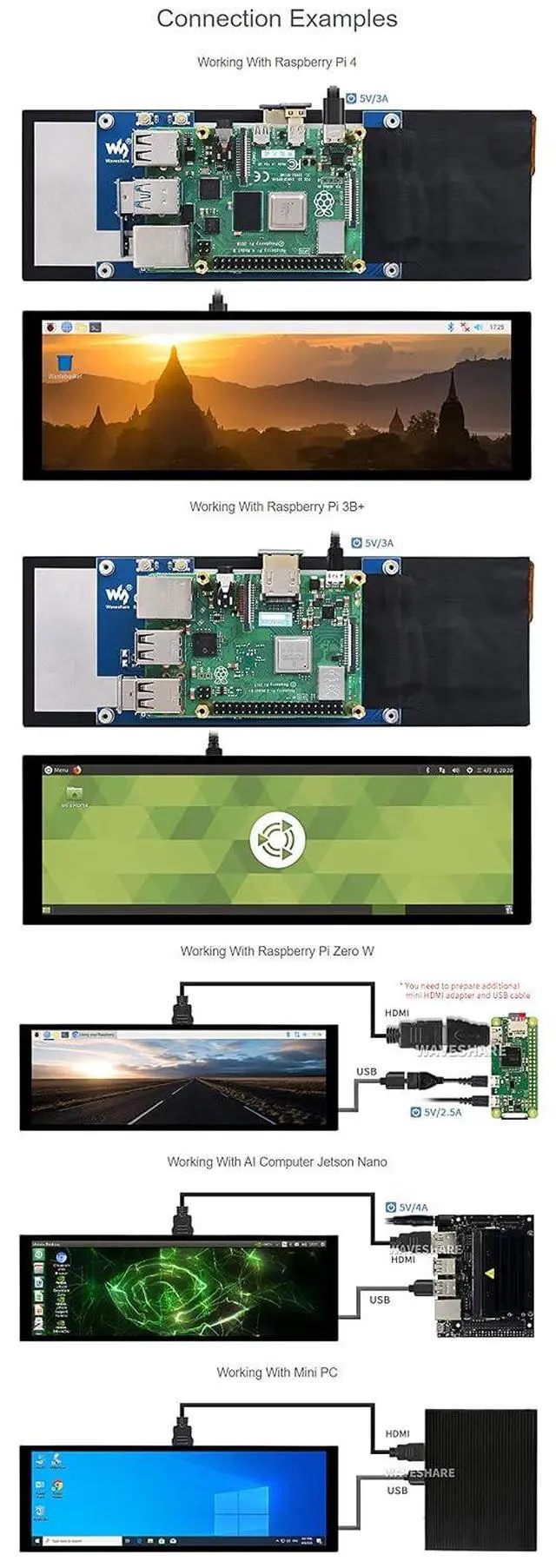 Alt view image 6 of 7 - 7.9 Inch HDMI Touchscreen Display, 400×1280 IPS Capacitive LCD, 5-Point Touch, Toughened Glass, for Raspberry Pi, Jetson Nano, Windows 11/10/8/7, Driver-Free Monitor